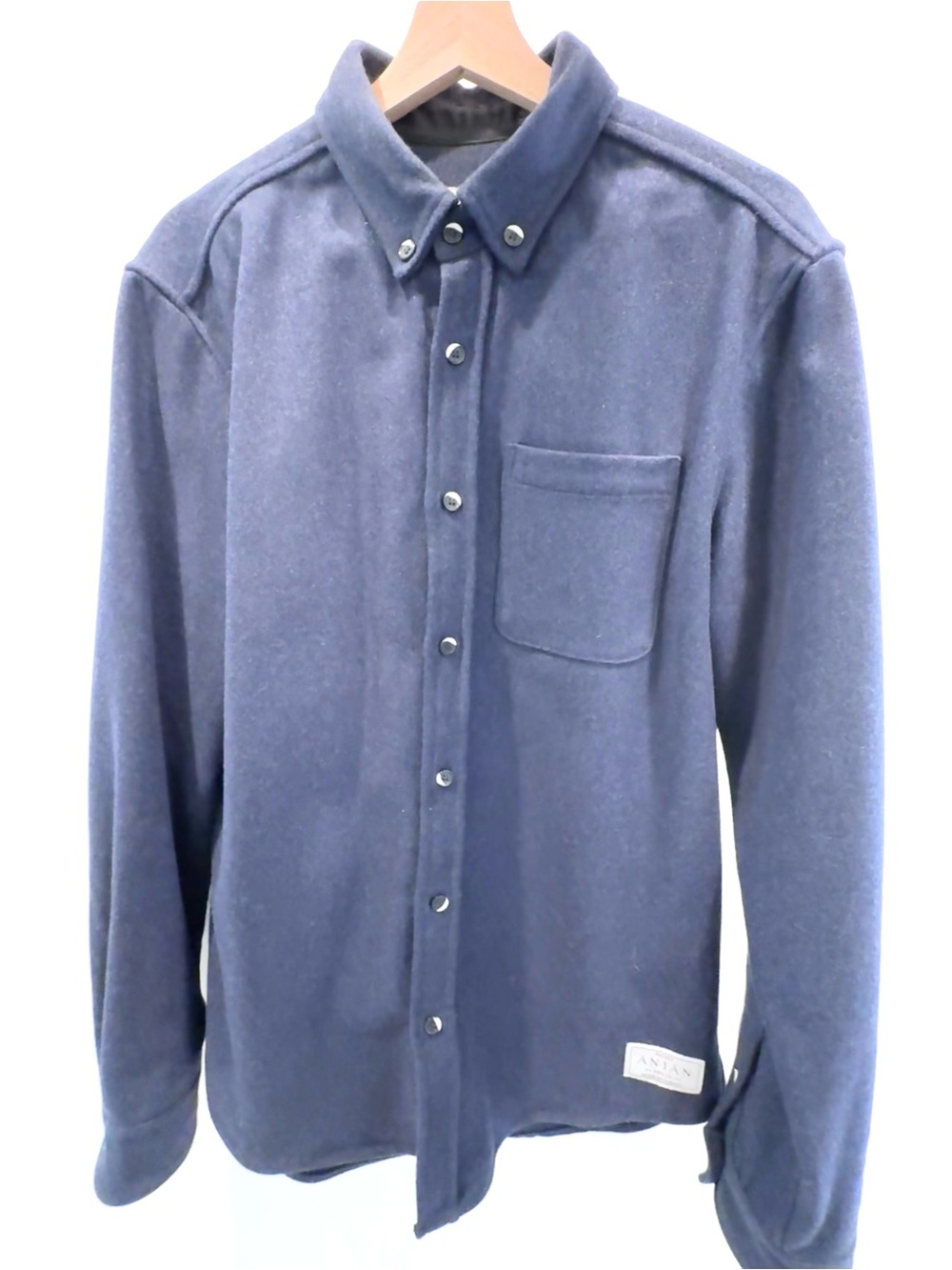 Men's Navy Blue Button-Down Long-Sleeve Shirt with Chest Pocket - Recycled Wool